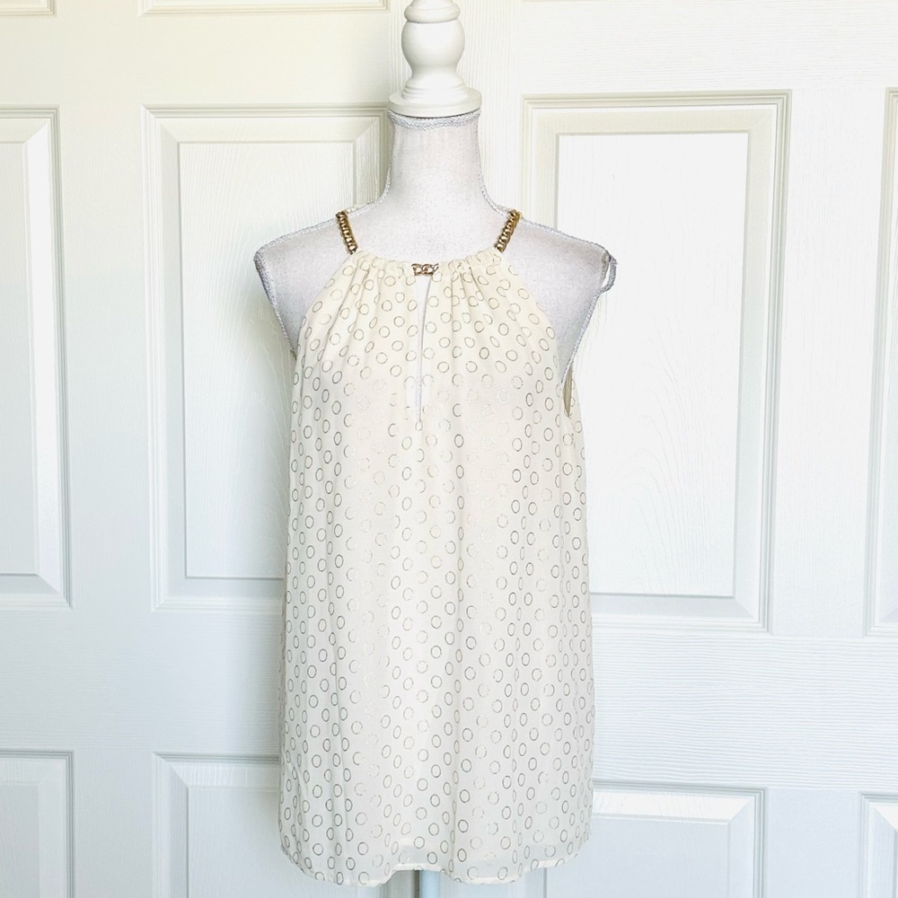 NWT Michael Kose Chiffon Halter Metallic Tops XS Dots Geometric Print Blouse